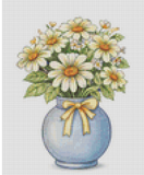Cross-stitched pattern of a blue vase with flowers and a yellow bow on a grid background