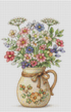 Cross-stitched pattern of a jar with flowers on a white background