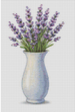 Cross-stitch pattern of a vase with lavender flowers on a grid background