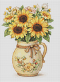 Cross-stitched pattern of sunflowers in a jar with a bow