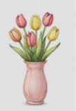 Cross-stitched pattern of a vase with tulips on a grid background