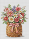 Cross-stitched pattern of a bouquet of flowers in a woven basket with a pink ribbon on a white background.