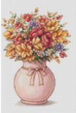 Cross-stitched pattern of a pink vase with a bouquet of flowers on a white background