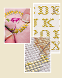 Collage of cross-stitching patterns with alphabets and a hand holding a needle.