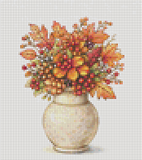 Pixelated image of a vase with autumn leaves and berries on a grid background