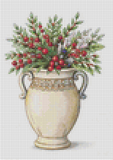 Decorative vase with a floral arrangement featuring red berries and green leaves on a white background