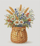 Cross-stitched pattern of a bouquet in a woven basket with flowers and berries on a grid background.