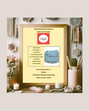 Knitted Beaded Bag Collection pattern and kit combo with a wooden frame on a decorative wall.