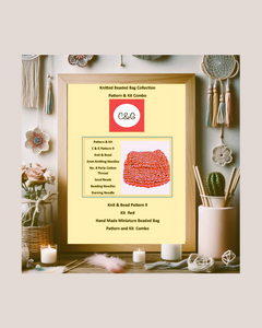 Framed Knitted Beaded Bag Collection with pattern and kit combo on a decorative background
