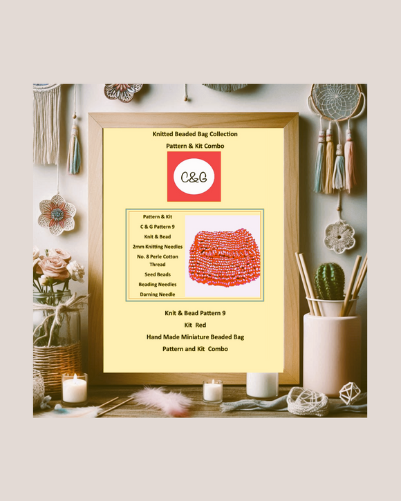 Framed Knitted Beaded Bag Collection with pattern and kit combo on a decorative background