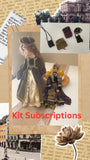 Collage of a doll in historical attire with accessories and text about kit subscriptions.