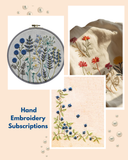 Collage of hand embroidery samples with floral designs on a beige background.