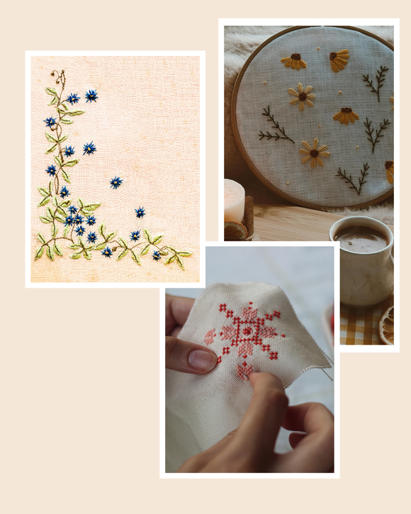 Collage of embroidery work with floral and geometric patterns on fabric.