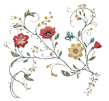 Decorative floral design with red, yellow, and white flowers on a white background