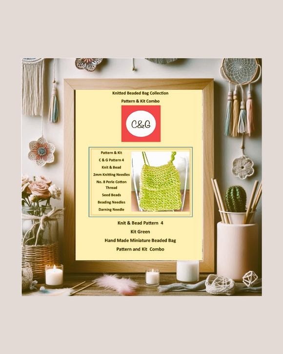 Knitted Beaded Bag Collection pattern and kit combo with a wooden frame on a decorative background.