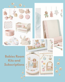Collage of baby room decor items with text 'Babies Room Kits and Subscriptions' on a light blue background.