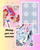 Making your own memories pink and blue feathers, pink star bursts on a blue background on a pink flyer