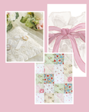 Collage of wedding-themed items including a ring, lace fabric, and floral patchwork on a pink background.