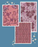 Asian theme pinks and mauves with a blue background