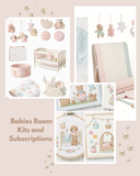 Collage of baby room decor items with text 'Babies Room Kits and Subscriptions' on a pink background.