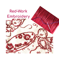 Red-work embroidery with red thread and fabric pattern on a white background