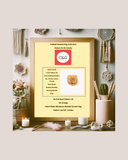 Framed product description card for a knit and bead pattern set on a decorative background