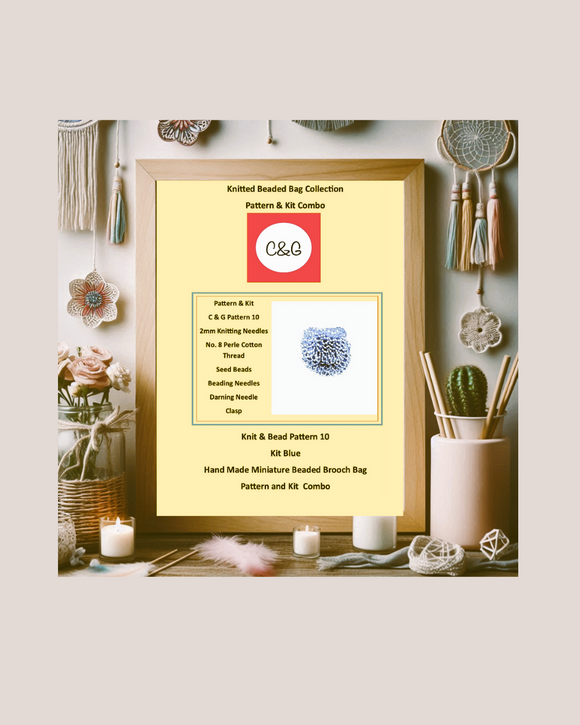 Framed pattern and kit combo for a knitted beaded bag on a decorative background