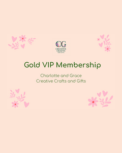 Gold VIP Membership card for Charlotte and Grace Creative Crafts and Gifts on a pink background with floral designs.