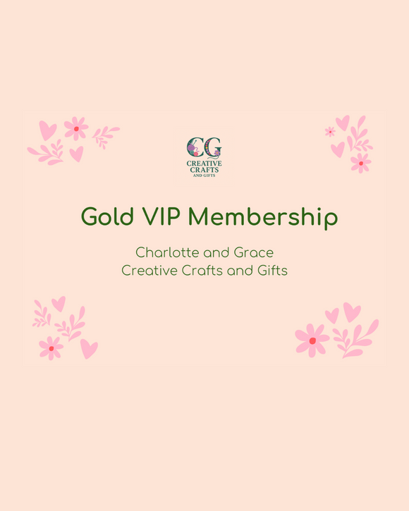 Gold VIP Membership card for Charlotte and Grace Creative Crafts and Gifts on a pink background with floral designs.