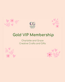 Gold VIP Membership card for Charlotte and Grace Creative Crafts and Gifts on a pink background with floral designs.