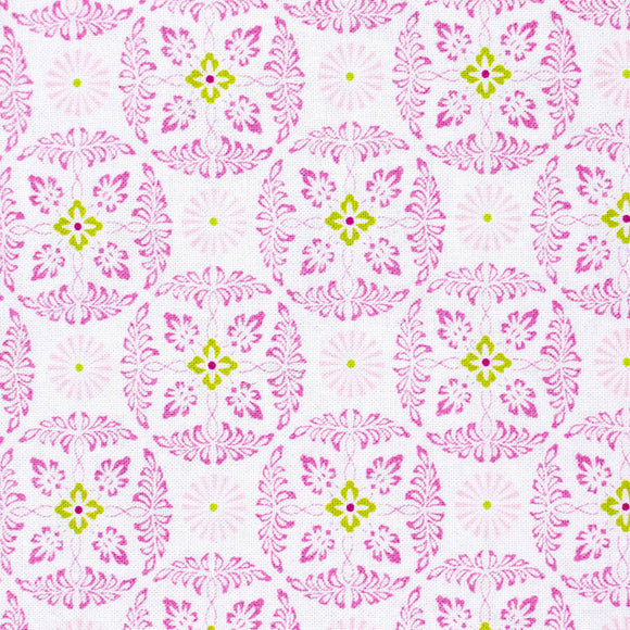 Medallion patterned design with mauve and green floral elements on a white background
