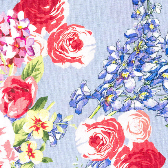 Floral Gutermann pattern with red, pink, and blue flowers on a light blue background