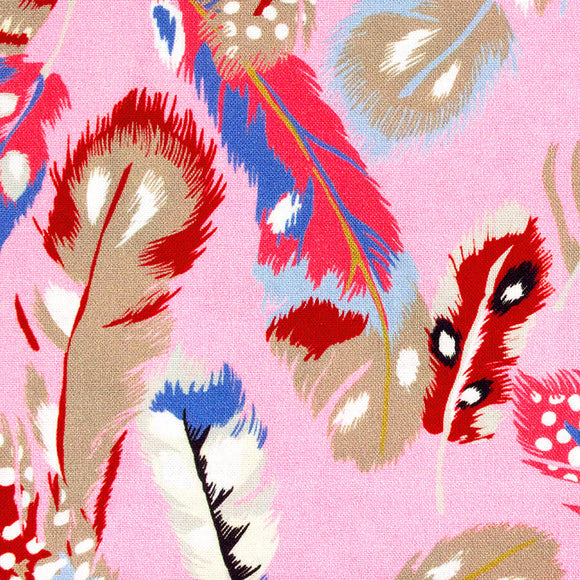 Colourful feather pattern on a pink background of Gutermann fabric