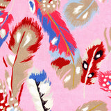 Colourful feather pattern on a pink background of Gutermann fabric