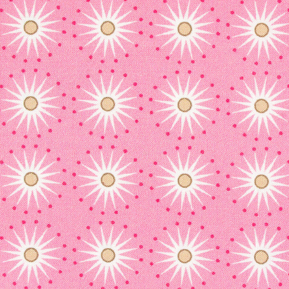 Gutermann pattern of white starbursts with tan centres on a pink background