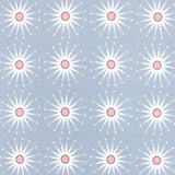 Gutermann pattern of white sunbursts with pink centres on a light blue background