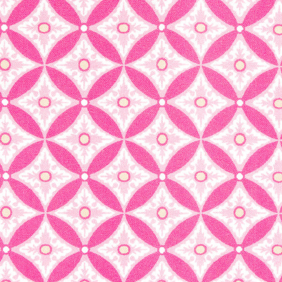 Gutermann tile patterned fabric with pink geometric design on a white background