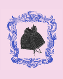 Decorative frame with a black beaded bag on a pink background