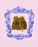 Decorative blue frame with a gold beaded pouch bag on a pink background