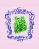 Green beaded pouch with a decorative blue frame on a pink background