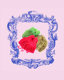 Decorative frame with red, green, and gold textured beaded pouches on a pink background