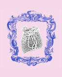 Decorative blue frame with a textured white pouch on a pink background