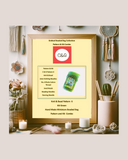 Product display with a framed image of a knitting kit and beaded iPhone bag on a decorative background.