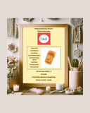 Framed product description card for a knit and bead pattern and kit combo on a decorative background.