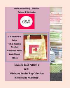 Product packaging for a Sew & Beaded Bag Collection with fabric swatches on a pink background.