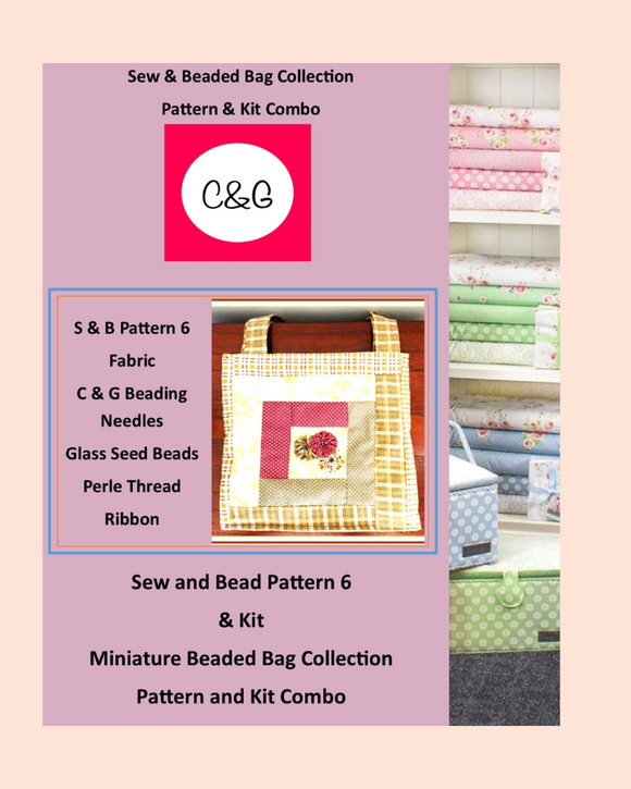 Product packaging for a Sew & Beaded Bag Collection with fabric swatches on a pink background.