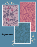 Three floral patterns on a blue background with 'Inspirational' text.