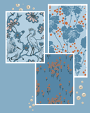 Set of floral and nature-themed patterns on a blue background with white borders.