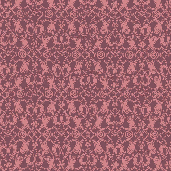 Patterned fabric with intricate design on a dusty pink mauve background
