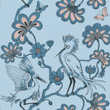 Decorative pattern with cranes and flowers on a blue background